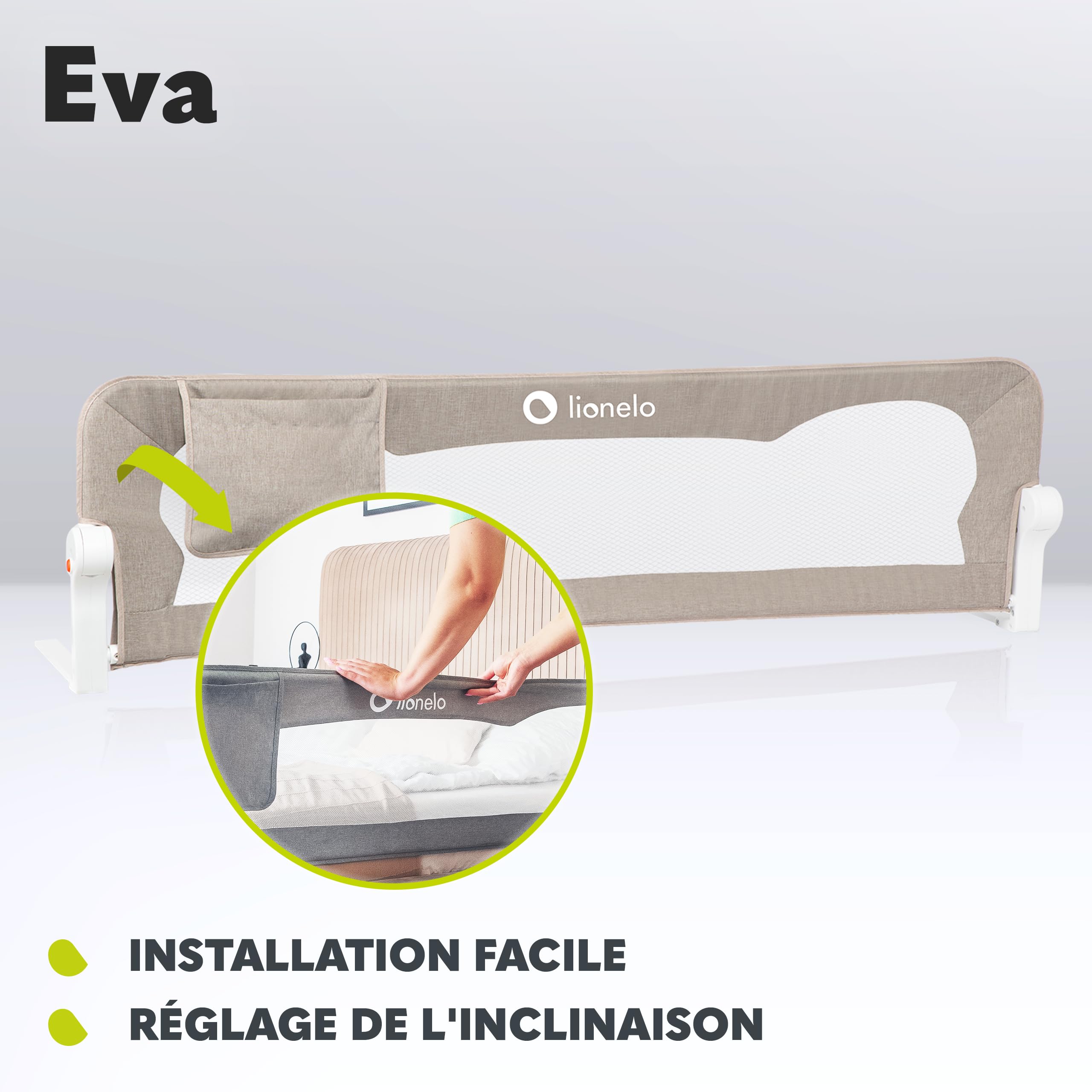 Lionelo Eva Barrière de Lit 150cm x 42cm Pliage 180° Anti-Chute Ceintures Sécurité Cadre Métal Pliable Beige