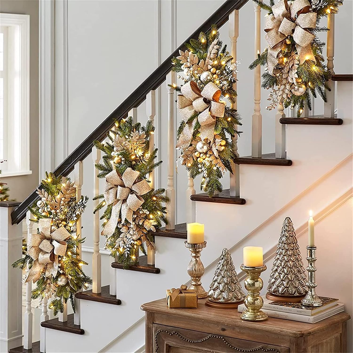 2 Pcs Christmas Swag with Bowknot, Christmas Swag for Decorating, Cordless Prelit Floral Swags for Stairs, Front Door and Windows (2, Gold 23.6")