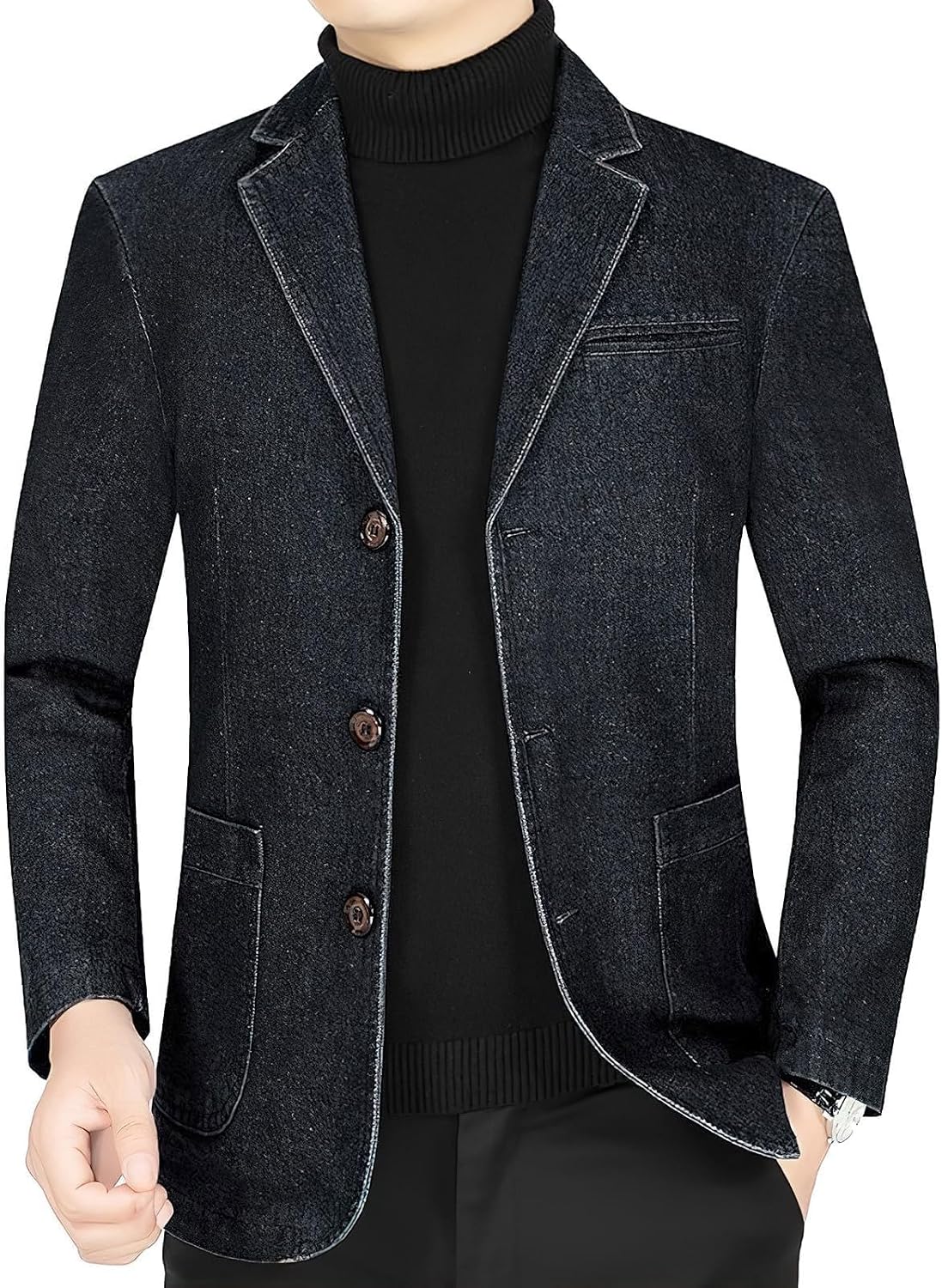ebossy Men's Notched Lapel Button Down Business Slim Denim Blazer Jacket Sport Coat