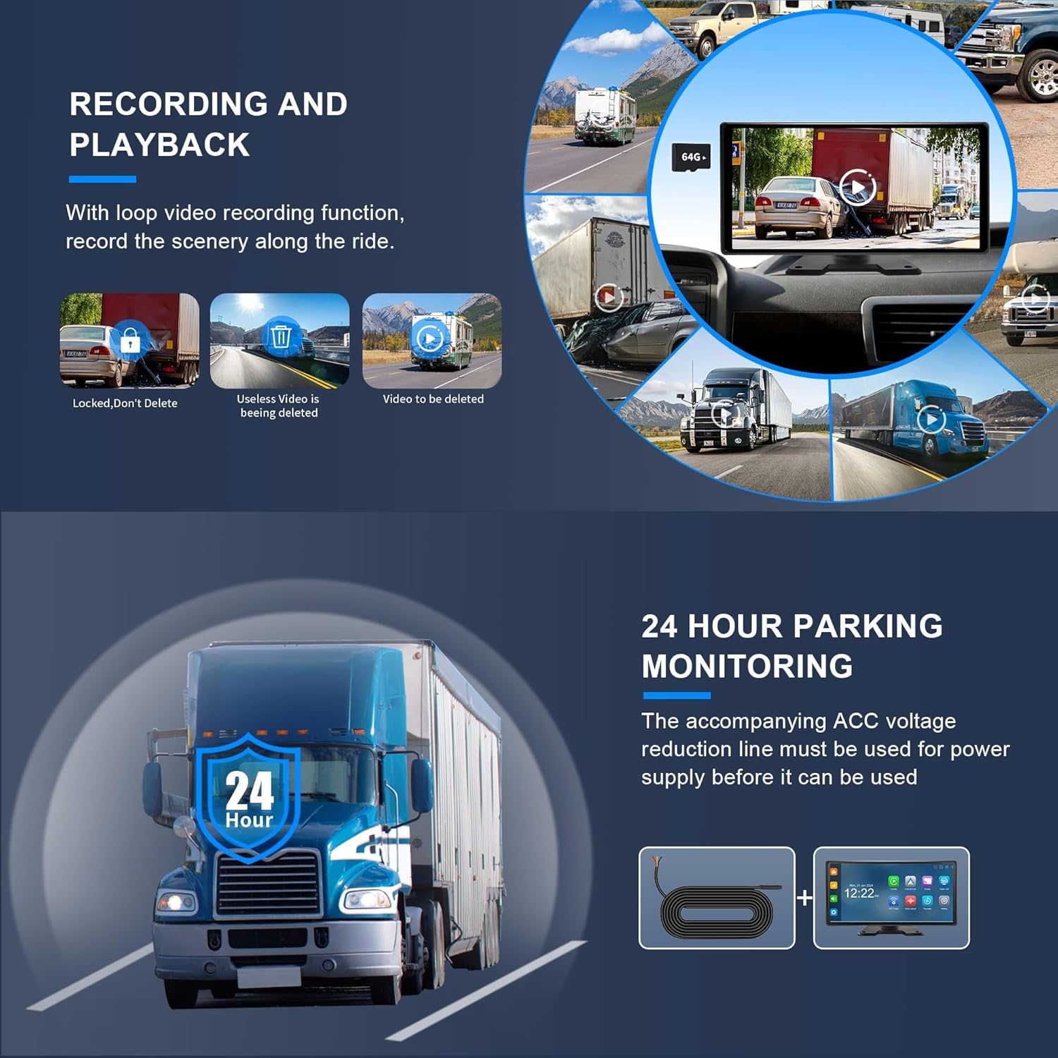 Monitor displaying recording and playback features, including loop recording and 24-hour parking monitoring