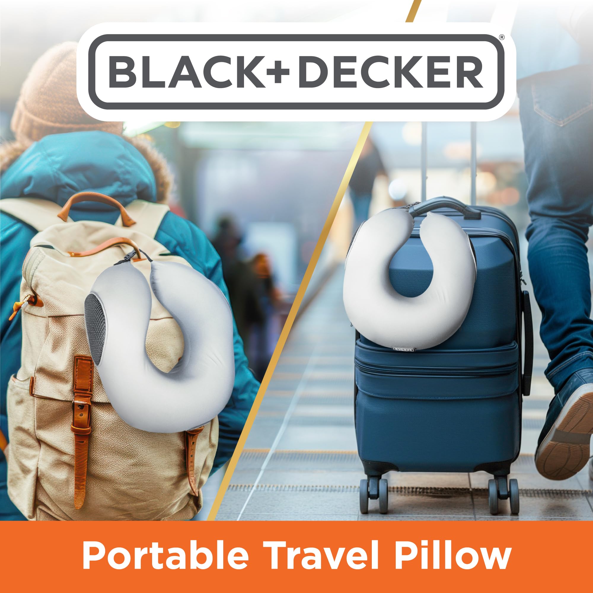 BLACK+DECKER Reise-Nackenkissen aus Memory-Schaum, Reisekissen für Flugzeug, Auto und Zug, Kühlstoff, Eisseide, ergonomisches Design, Nackenstütze, waschbarer Bezug, Grau