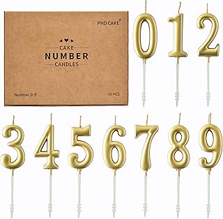 PHD CAKE 10-Pieces Gold Numeral Birthday Candles, Cake Numeral Candles Number 0-9 Glitter Cake Topper Decoration for Birthday,Wedding Anniversary,Party Celebration