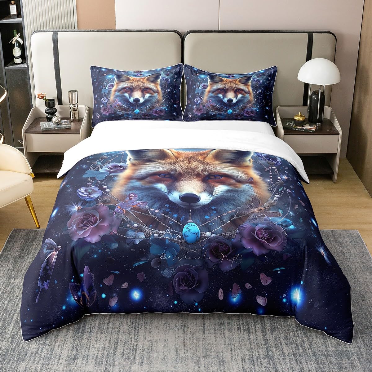 Couvre lit 220x240 triple bleu au motif loup mystique avec fermeture éclair