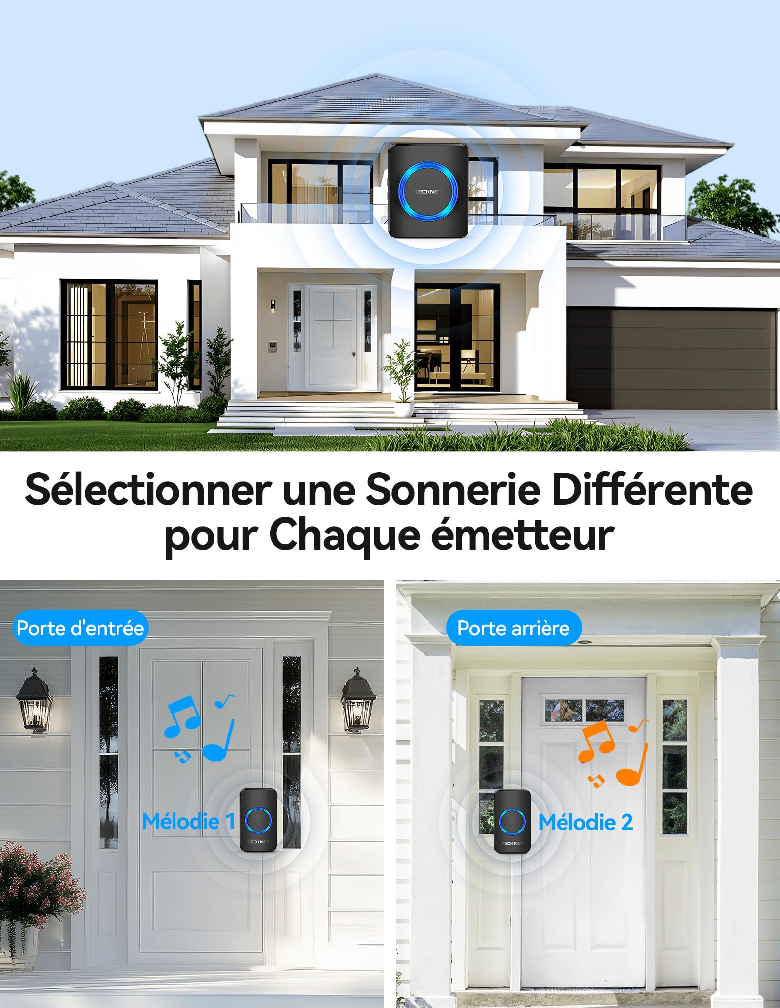 TECKNET Sonnette sans Fil Exterieur Etanche, Sonnette sans Fil Portée 600m, Kit de Sonnette avec 1 Récepteur Enfichable et 2 émetteurs, Indicateur RVB, 60 Mélodies, 5 Niveaux de Volume