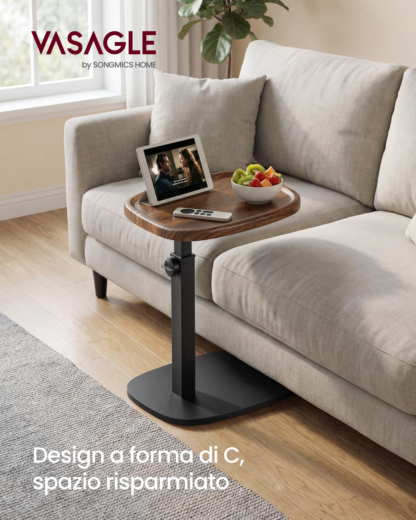 VASAGLE Tavolino a Forma di C, Tavolino da Divano, per Spazi Ridotti, Regolabile in Altezza, per Soggiorno Camera da Letto, 30 x 40 x 69 cm, Marrone Noce e Nero Inchiostro LET363M101