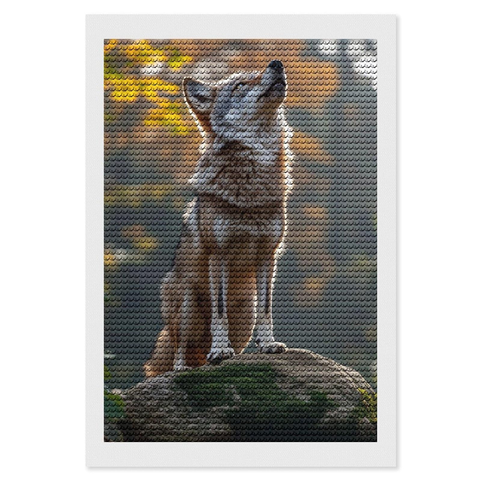 Junmoney Wolf on A Mossy Rock DIY Diamond Art Canvas Kit 8"x12", Decorate Your Room, Sparkling Round Gems, Fun Craft Experience, Farmhouse Decor