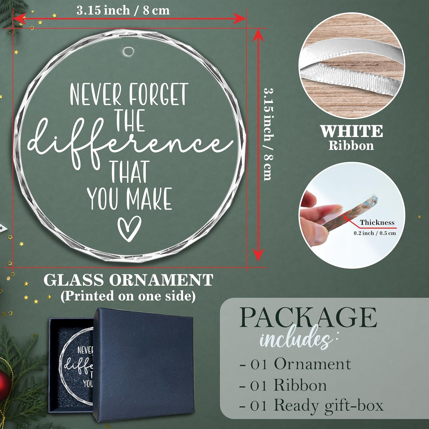 Thank You Gifts for Women Men - Never Forget The Difference That You Make for Coworkers, Retirement Farewell Going Away for Women Men Coworker Boss Friend - Glass Ornament - Image 2