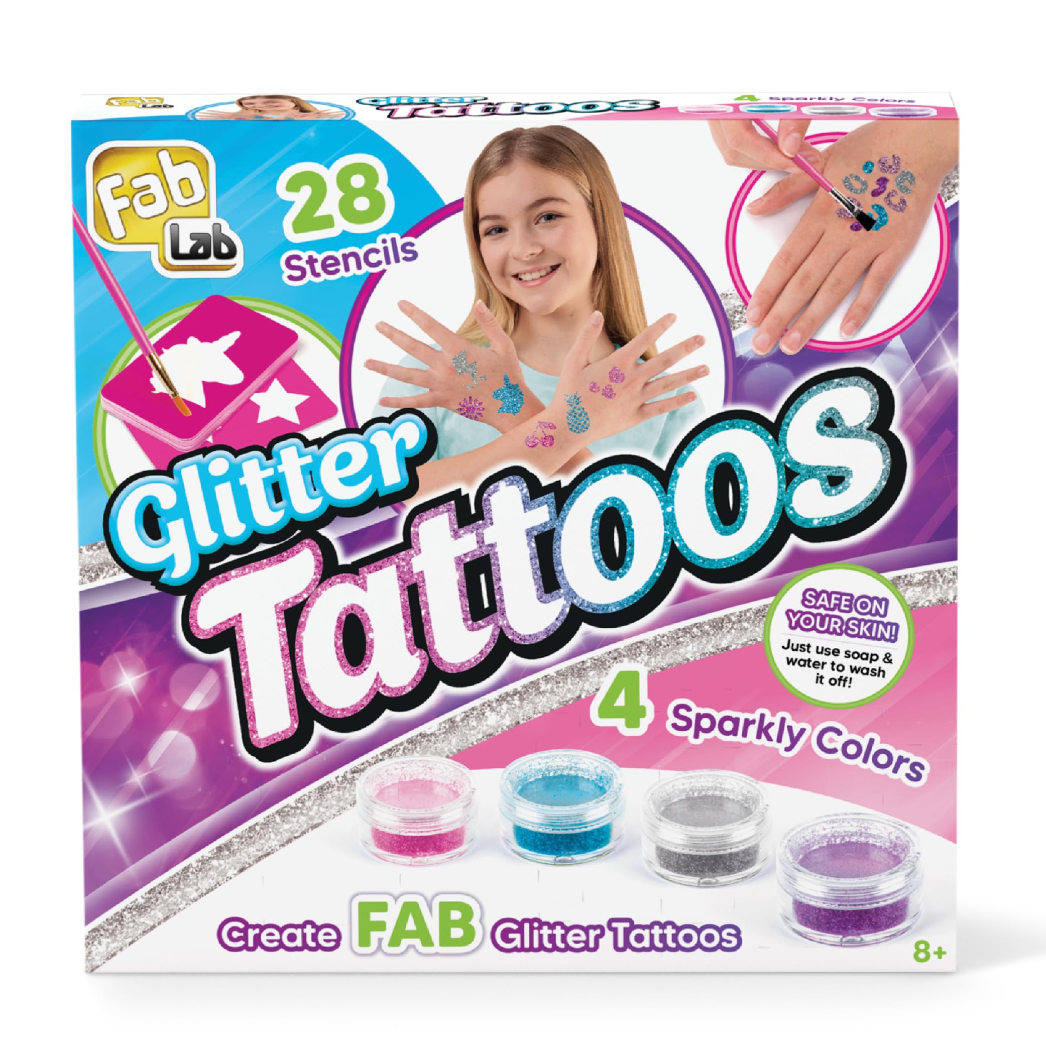 FabLab Glitter Tattoos Kit with 28 Stencils and Bio‑Glitter