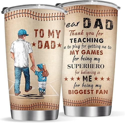 Qnyko Vaso de béisbol de acero inoxidable con tapa para el día del padre de niños, regalos para el mejor papá de la historia, taza de café de hija e