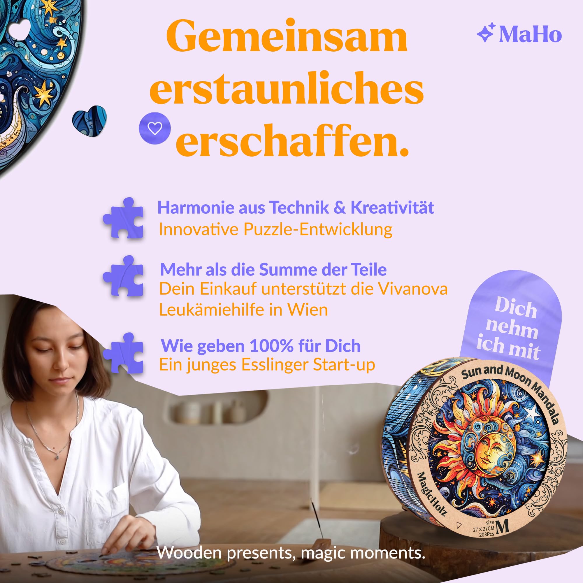MagicHolz – Holzpuzzle Mandala Sonne und Mond – rundes Holz Puzzle Ø 47 cm – besondere Geschenkidee für Erwachsene – inkl.Premium Holzbox