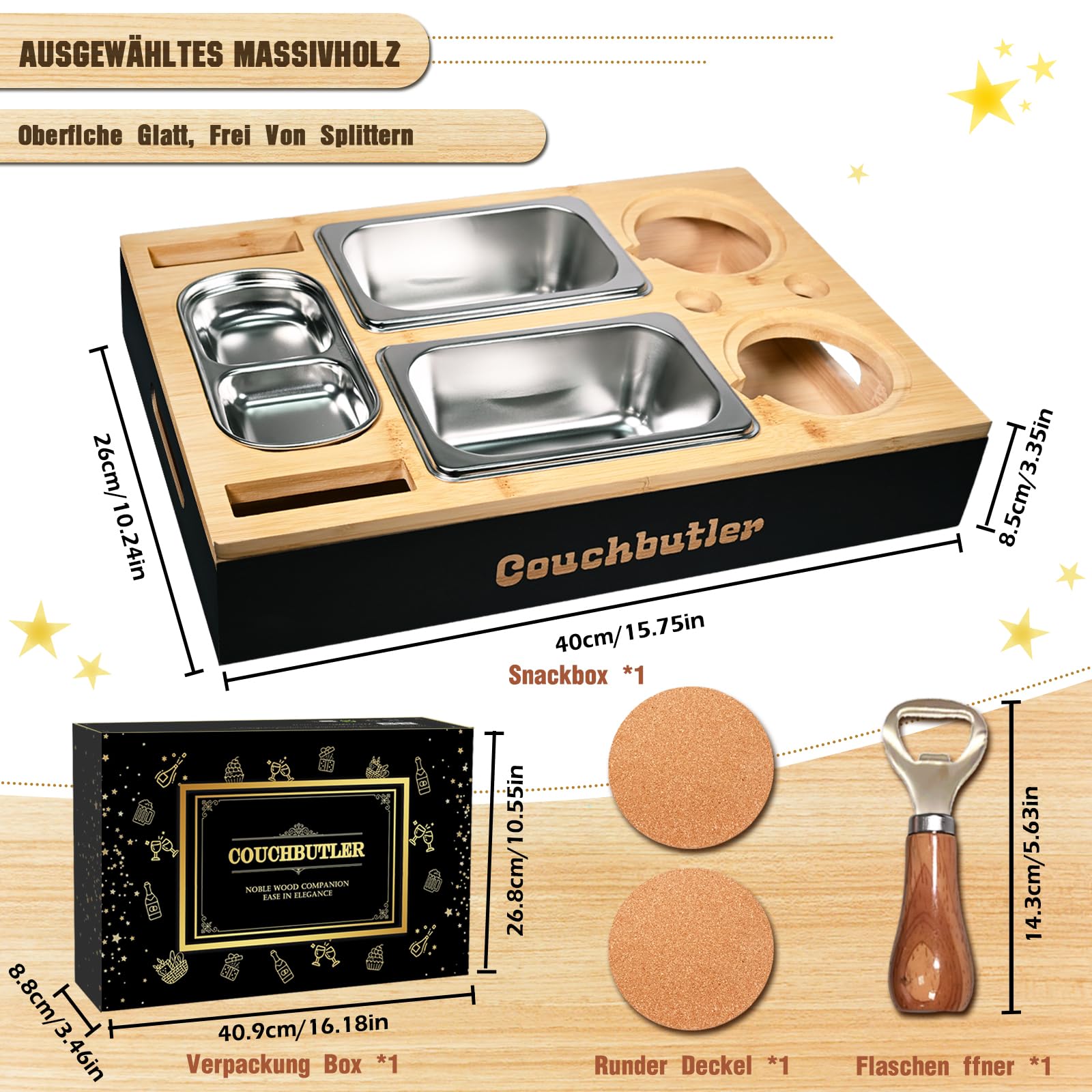Couchbar Snackbox Couch Tablett mit Geschenkbox Couch Butler Sofa Tablett mit 2 Snackschalen Getränkehalter Snackbar Organizer mit Flaschenöffner Schwarz