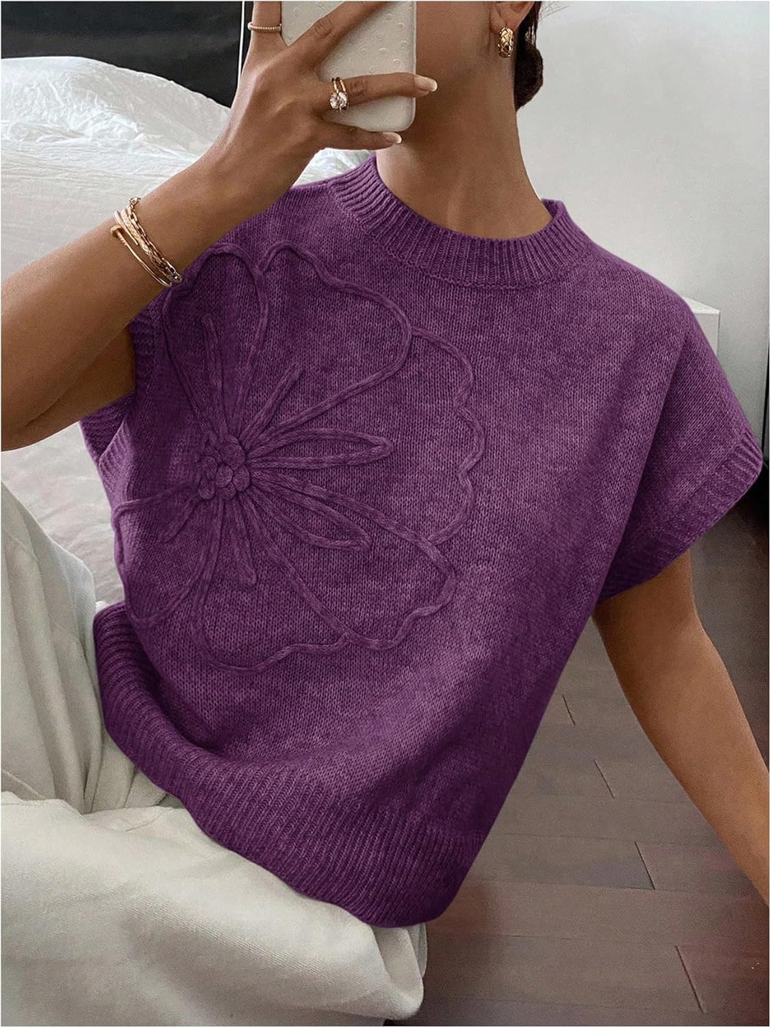 SOLY HUX Women's Short Sleeve Sweater 3D Floral Sweaters Pullover Tank Tops Knit Vest Trendy Fashion Clothing Red Violet Floral Large - Image 4