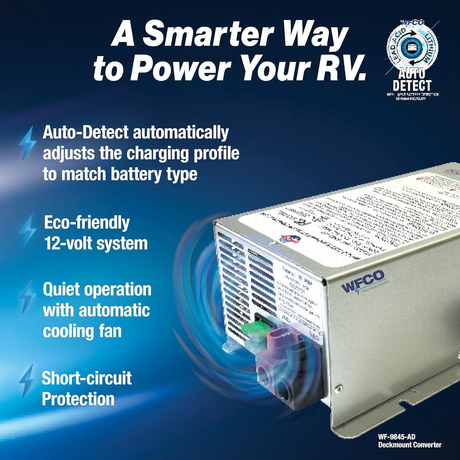 WFCO Genuine WF-9845-AD-CB RV Converter/Charger Deckmount 45Amp DC Output with Patented Auto Detect™ Technology Lead Acid Lithium Multi-Stage Charging