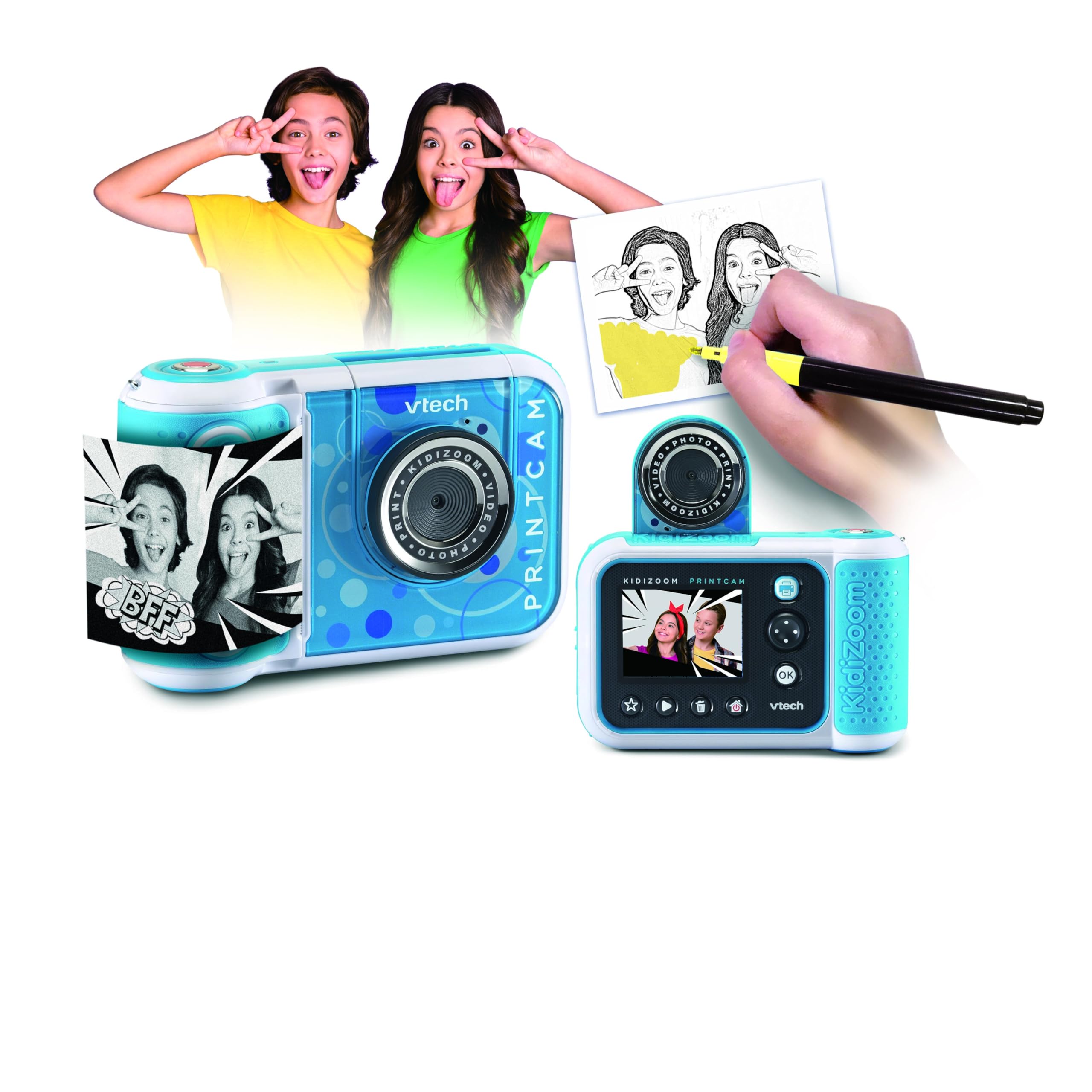 VTech Kidizoom Printcam, kamera dla dzieci z 40 efektami specjalnymi, natychmiastowa kamera dla dzieci, karta termiczna w zestawie, 5 MP, język włoski, baterie w zestawie, 5-12 lat
