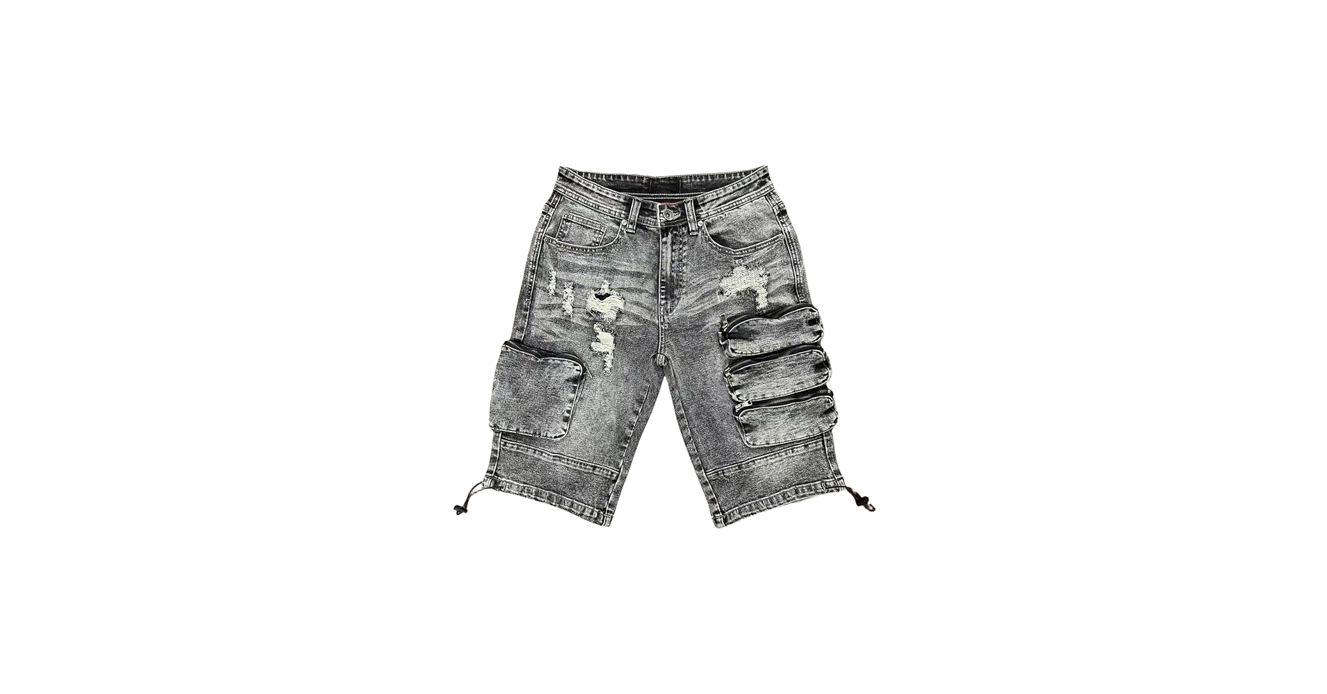 Distressed Ripped Denim Cargo Shorts with Zipper Pockets (US