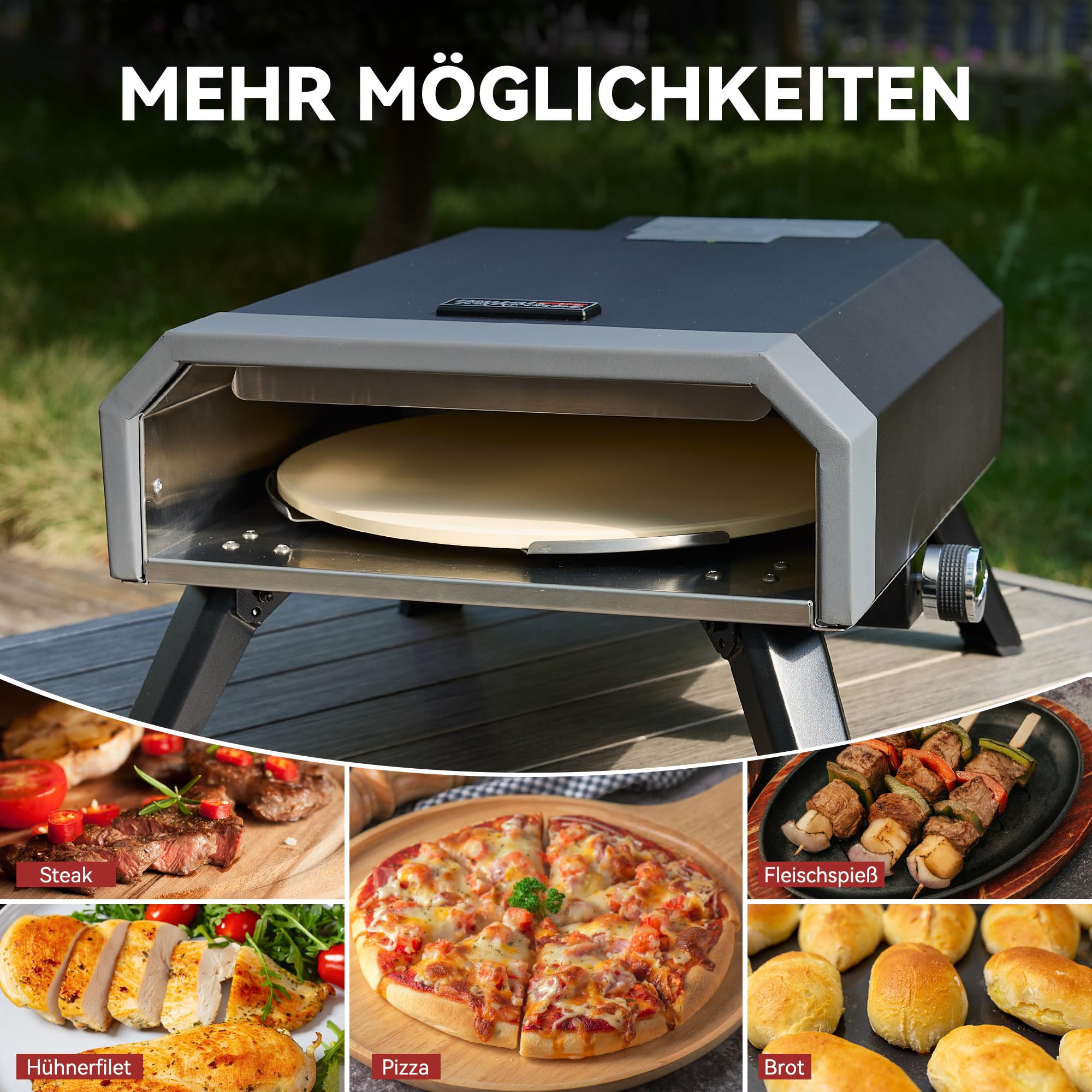 Royal Gourmet Four à pizza compact à gaz avec pierre à pizza 4 kW Four à gaz avec tuyau à gaz et régulateur Four avec pieds pliants pour camping en plein air