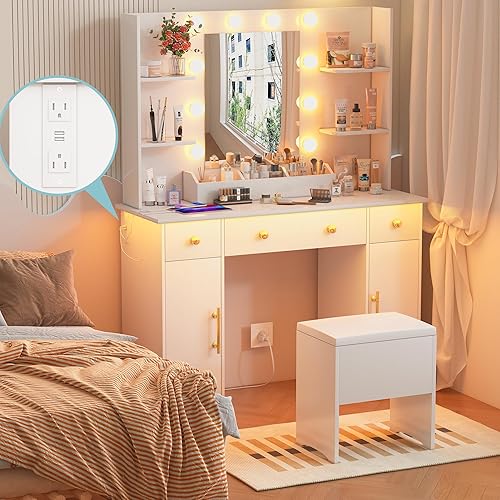 Vanity Desk with Mirror and Lights, Makeup Vanity with Charging Station & Vanity Stool, 3 Drawers and Cabinets White Vanity Mirror with RGB LED Lights Vanity Desk and Chair for Women