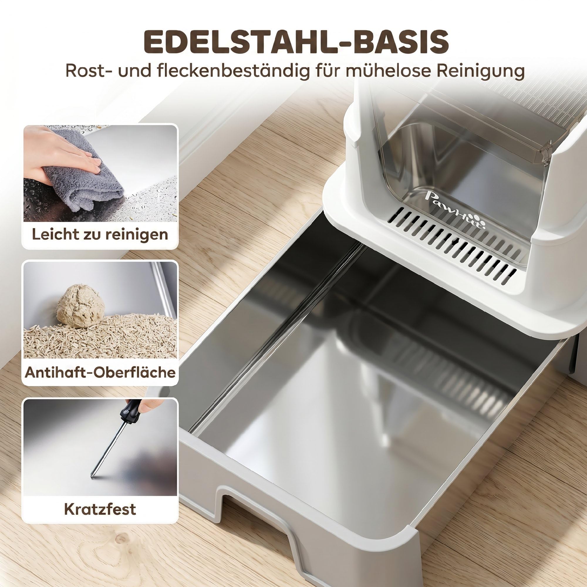 PawHut Katzentoilette aus Edelstahl mit Deckel Herausziehbare Wanne Grau