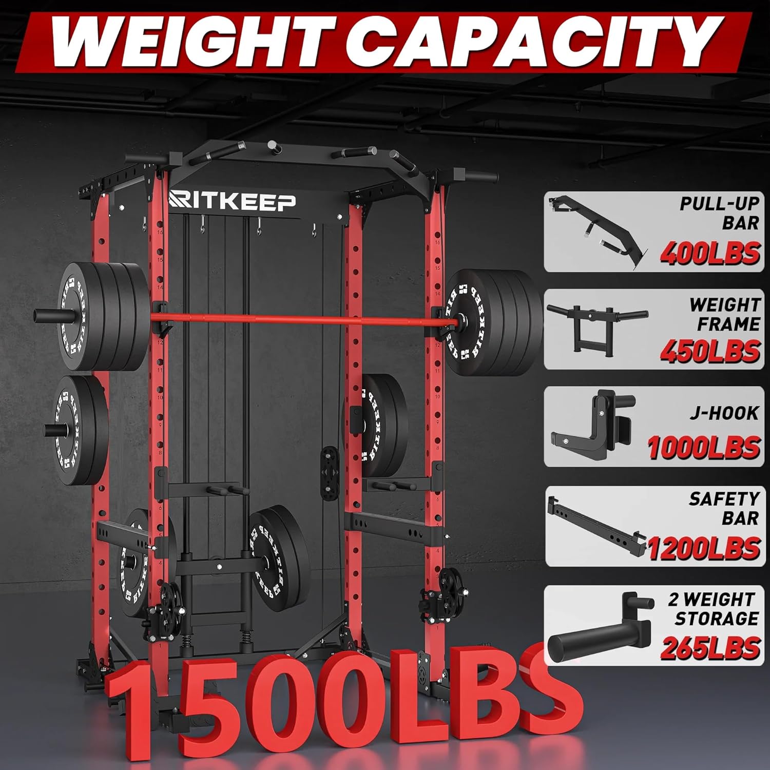 Power Cage, Power Rack 1500 lb Capacity with Cable Crossover & 15-Level Adjustable Pulley, 8 Attachments, Space-Saving Home Gym Multi-Functional Power Rack, RitKeep M10