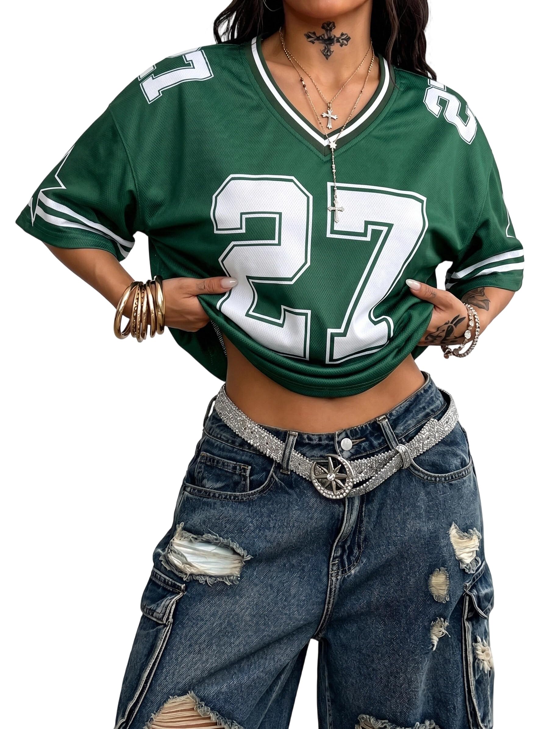 Camicie in jersey da donna con numero grafico Y2k T-shirt oversize con scollo a V ampia streetwear maglietta estiva