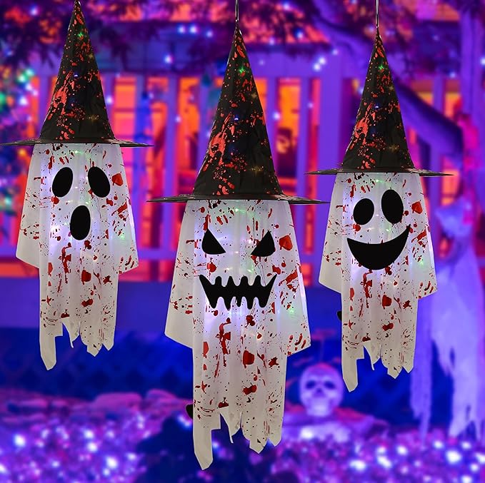 Set of 3 Hanging Ghosts with Witch Hat Glowing with String Lights Battery Operated, Halloween Decorations Outdoor Ghost Decor for Yard Patio Garden Tree Outside
