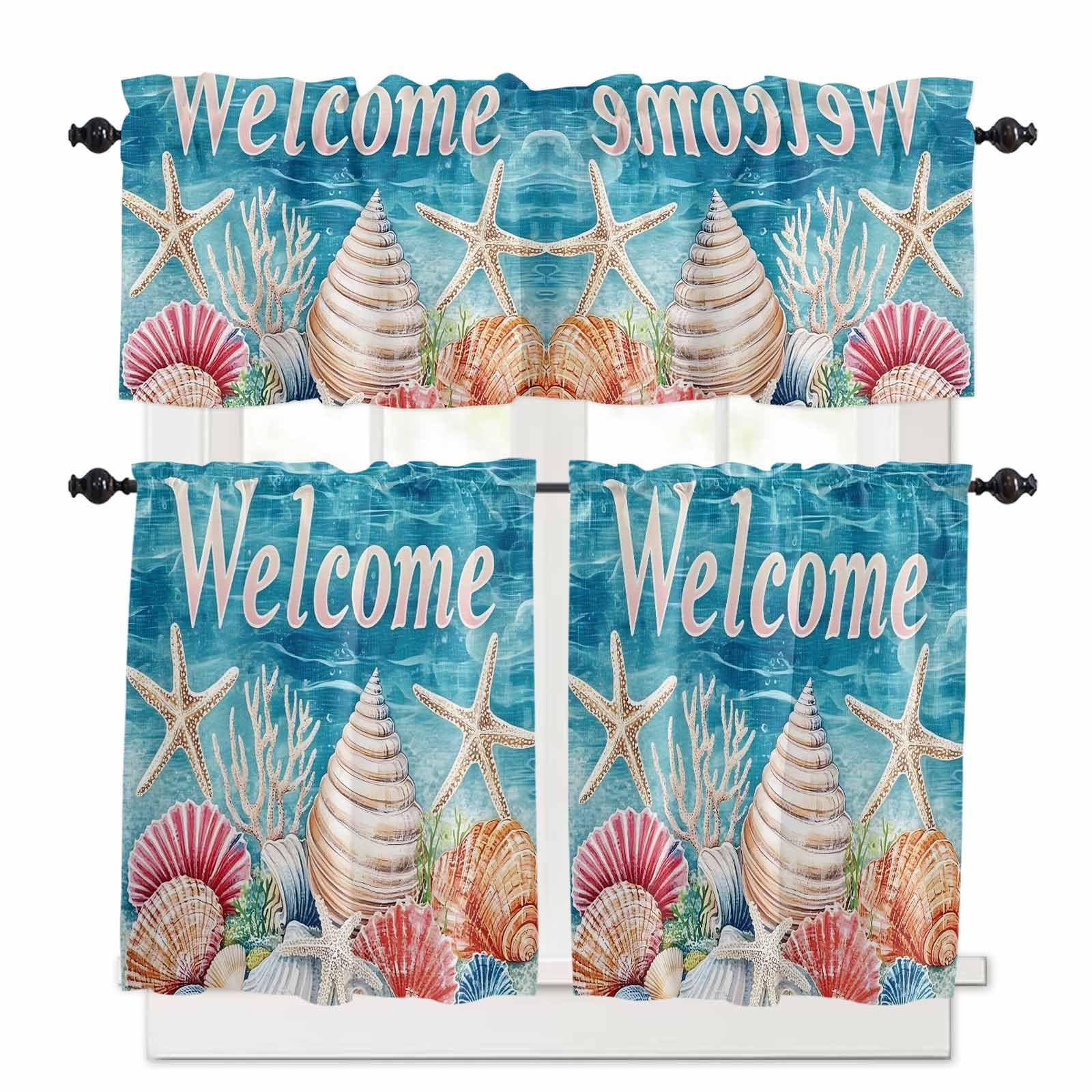 Coastal Ocean Kitchen Curtains 24 Inch Length, 3 Piece Rod Pocket Small Half Tiers and Valance Set, Summer Wave Starfish Coral Shell Small Large Window Treatment Decor for Bedroom/Bathroom Sink