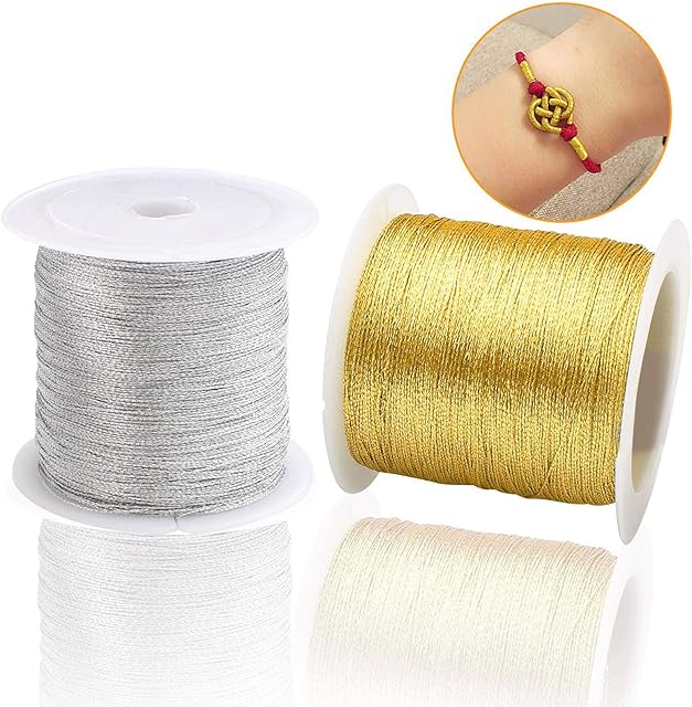 Aipaide 2Rolls Metallic Cords Metallic Tinsel Cord Rope Non Stretch Metallic Twine String for Christmas Wrapping Hanging Card DIY Craft (Silver and Gold)