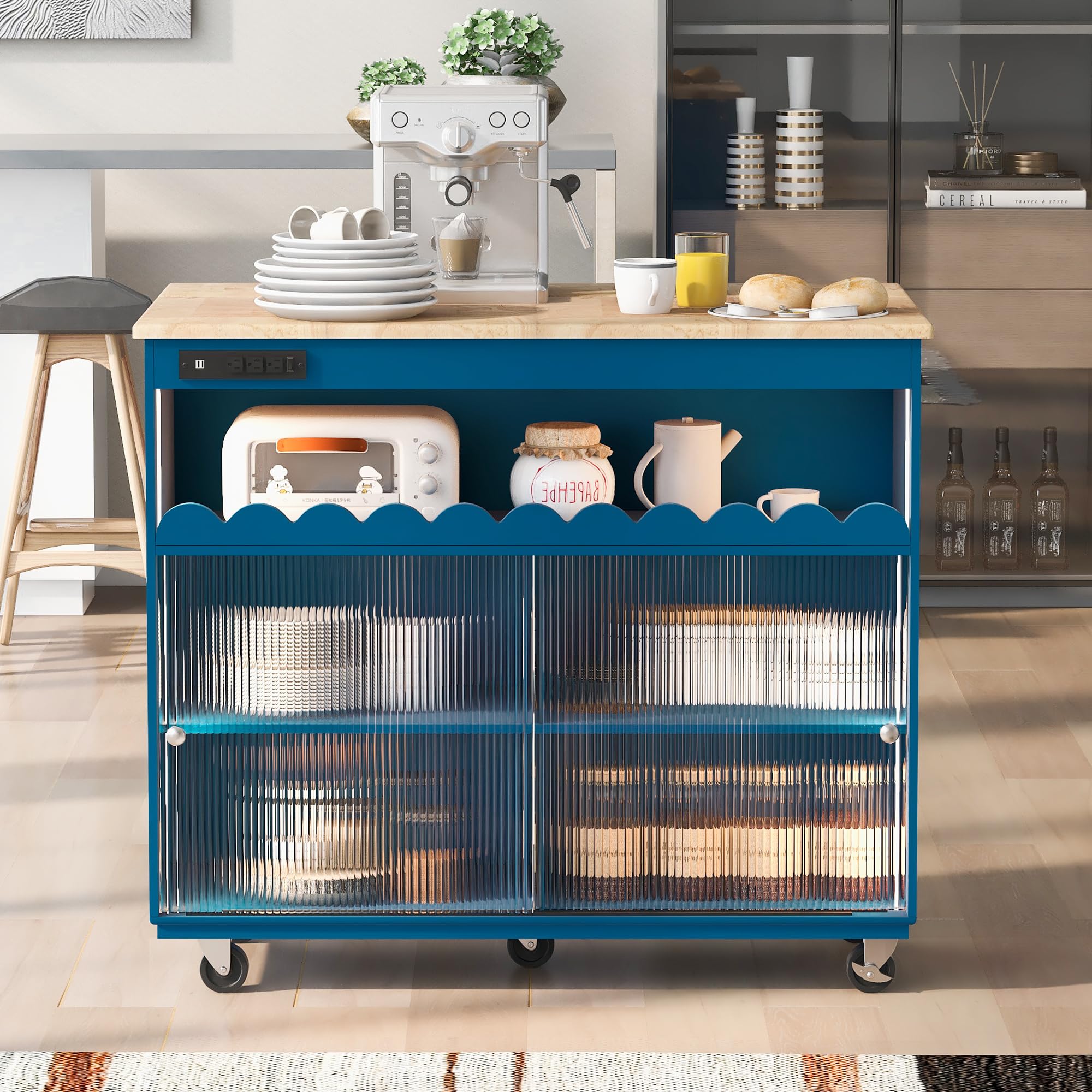 Carrito De Isla De Cocina Grande Con Ruedas - 112x46x91 Cm, Puertas Correderas De Cristal, Cajones, Estante Para Vino