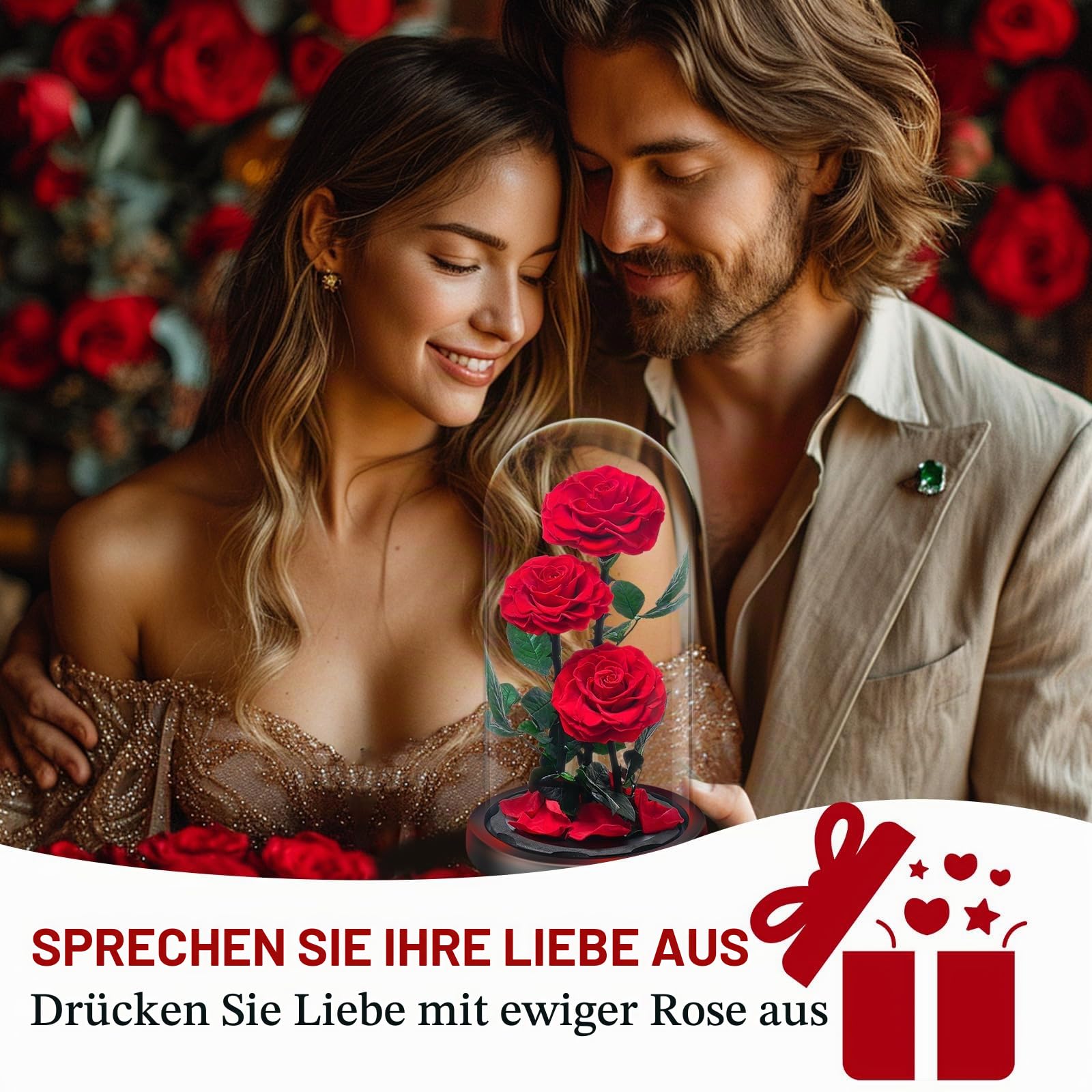 Ewige Rose im Glas, Drei Rote Rosen, Konservierte Echt Blume für 5 Jahre, Infinity Rose, Besondere Geschenk für Frauen, Mama, Freundin, für Sie, zum Valentinstag, Jahrestag, Geburtstag, Muttertagn