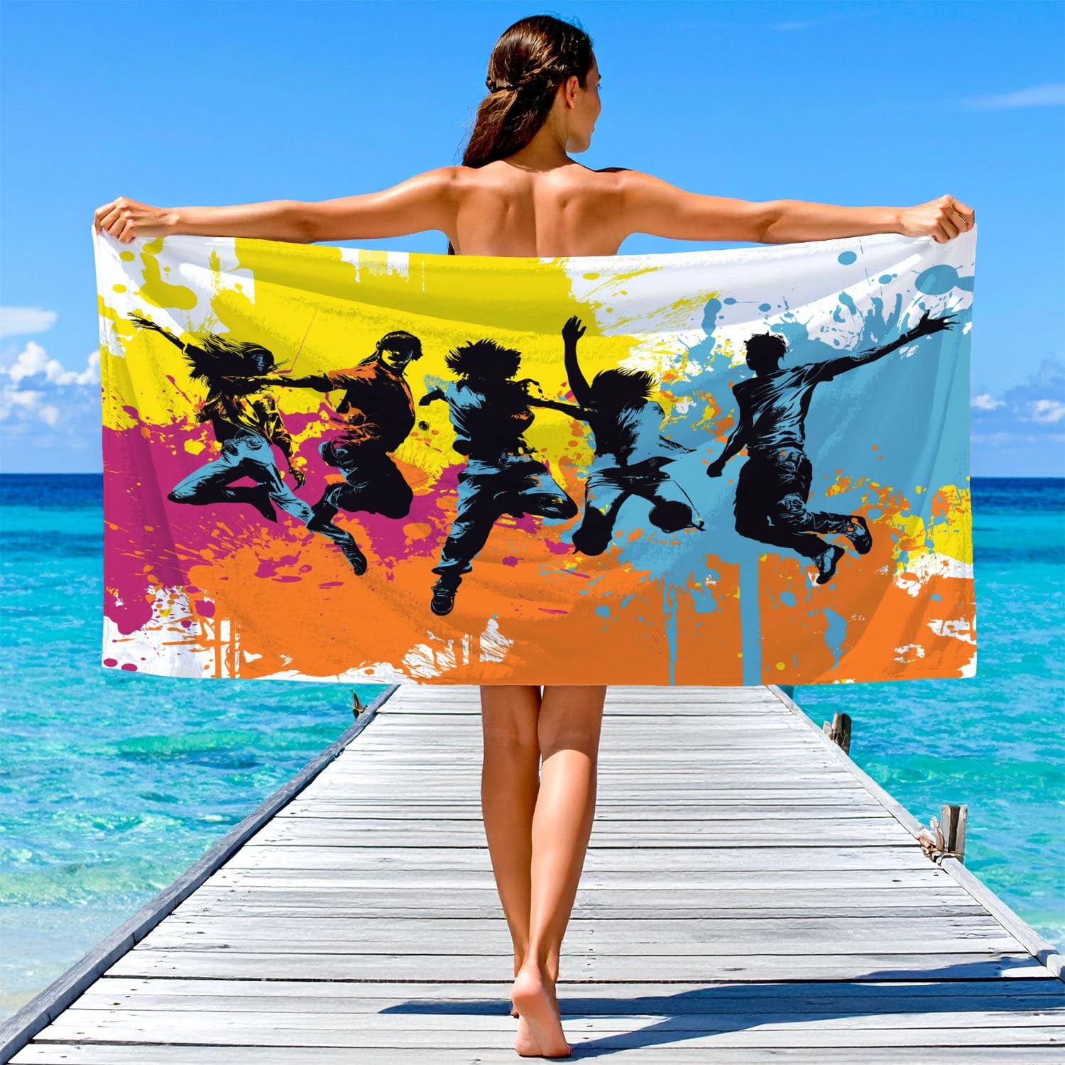 Générique Serviette de Plage Microfibre 230 x 210 CM,Drap de Plage Urbain, Graffiti, Silhouette, Couverture de Plage Absorbante,Couverture de Bain Silhouettes Vibrantes