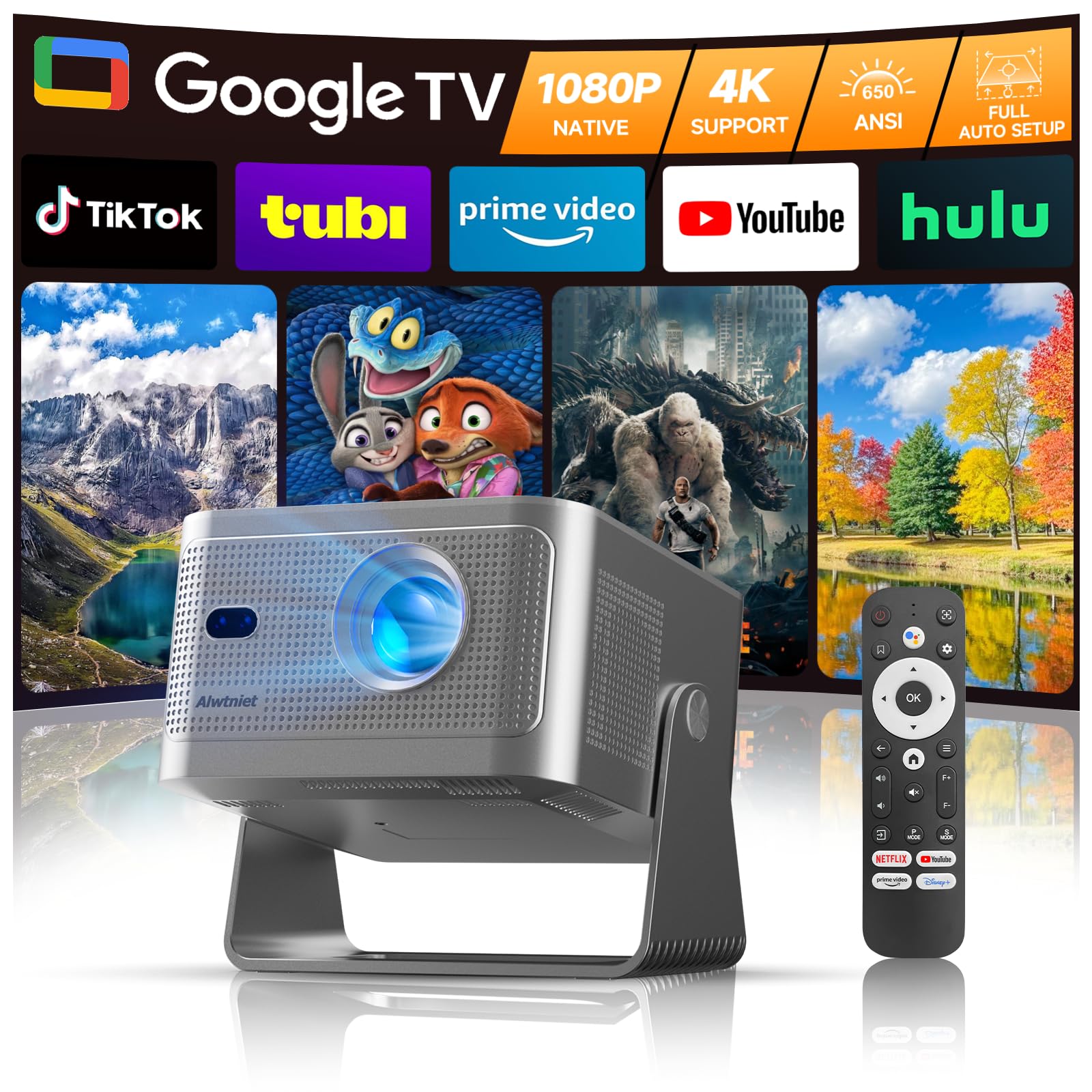 Alwtniet Proiettore Portatile 4K con Google TV – Full HD 1080p Nativo, Mini Videoproiettore Home Theater, Bluetooth, WiFi, Smart, Messa a Fuoco Automatica e Correzione Trapezoidale 6D