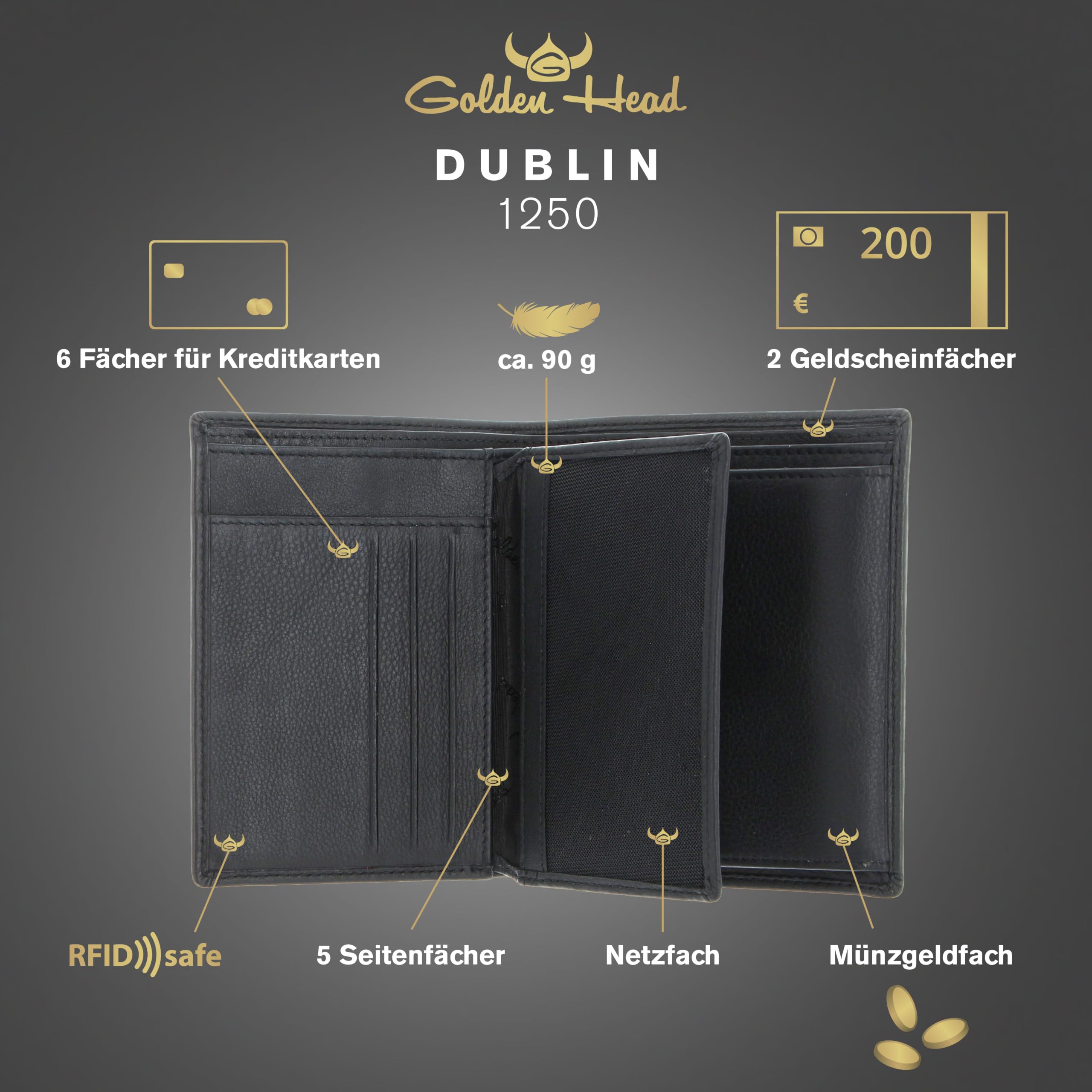 Golden Head Leder Geldbörse Dublin RFID Protect Kombischeintasche 1250 Schwarz