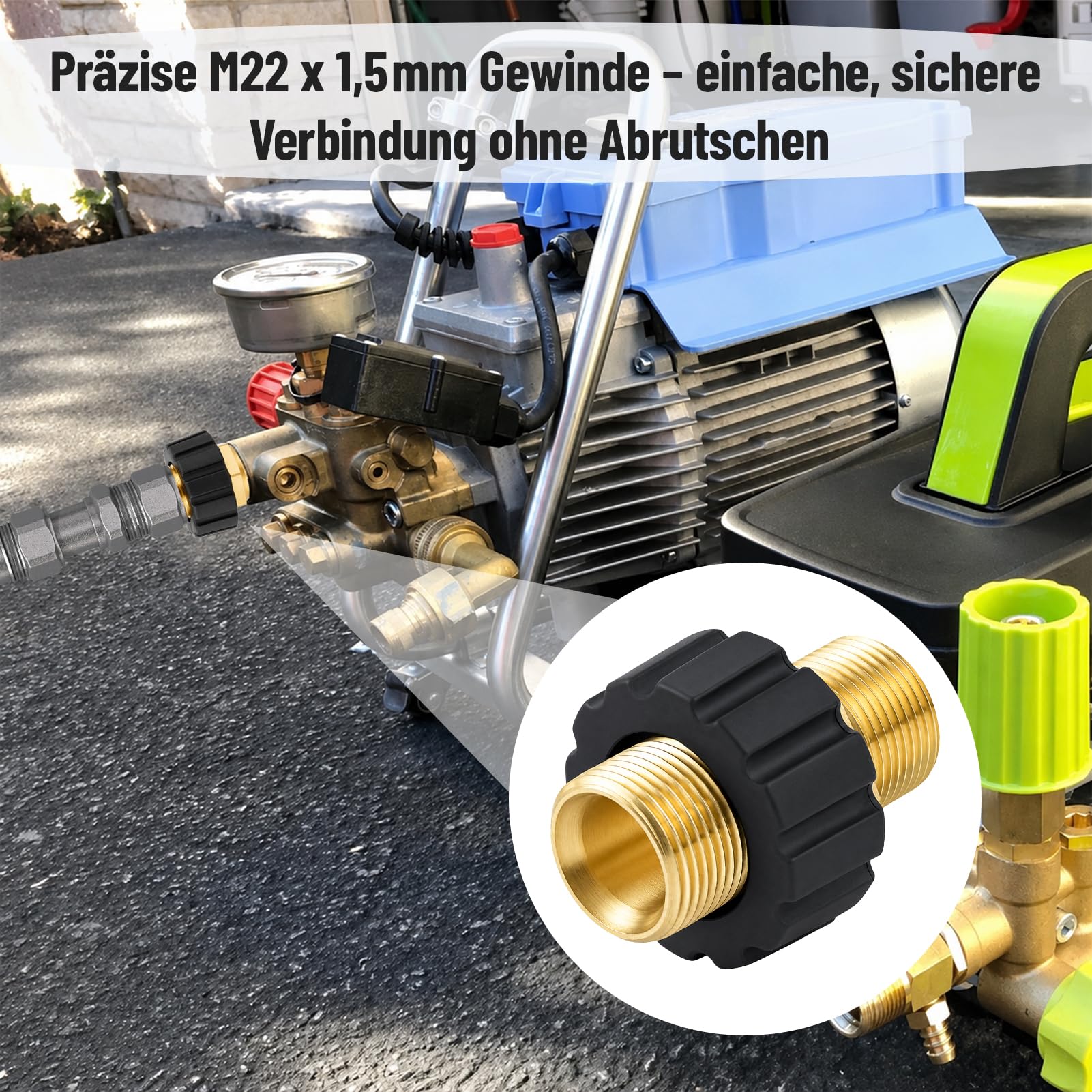 Adattatore rapido M22 x 1,5 filettatura metrica per idropulitrice ad alta pressione, adatto per Kärcher K, serie HD e HDs, accoppiamento in ottone con diametro interno di 15 mm