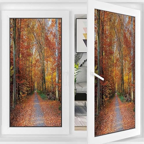 Miniatura 3 de Película de privacidad para ventana, color naranja, amarillo y verde, con control de calor, protección UV, hojas caídas a través del bosque otoñal,