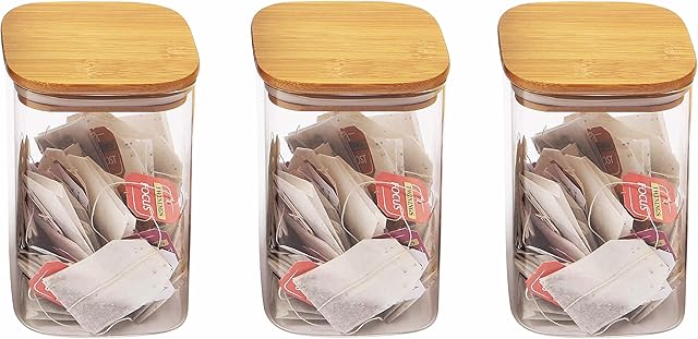 ORNAMI Square Glass Food Jar with Natural Bamboo Lid and Airtight Sealing, BPA-Free, Clear Canister Container for Kitchen Storage (1.5L, Set of 3)
