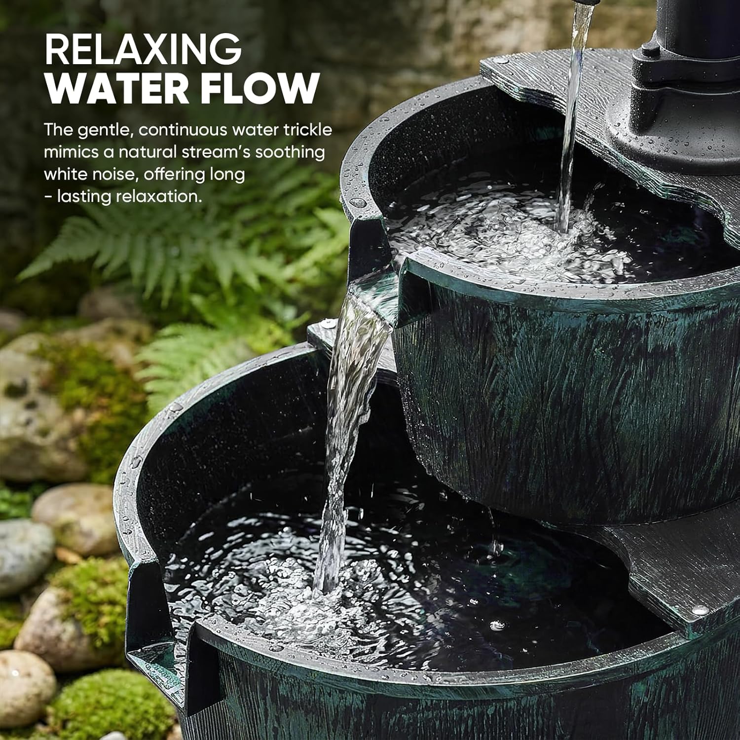Magshion 27" Tall Barrel Pump Water Fountain, 2-Tier Soothing Cascading Waterfall Feature with Electric Recirculating Pump, Garden Decor for Outside Patio, Yard, Porch, or Landscape, Dark Green