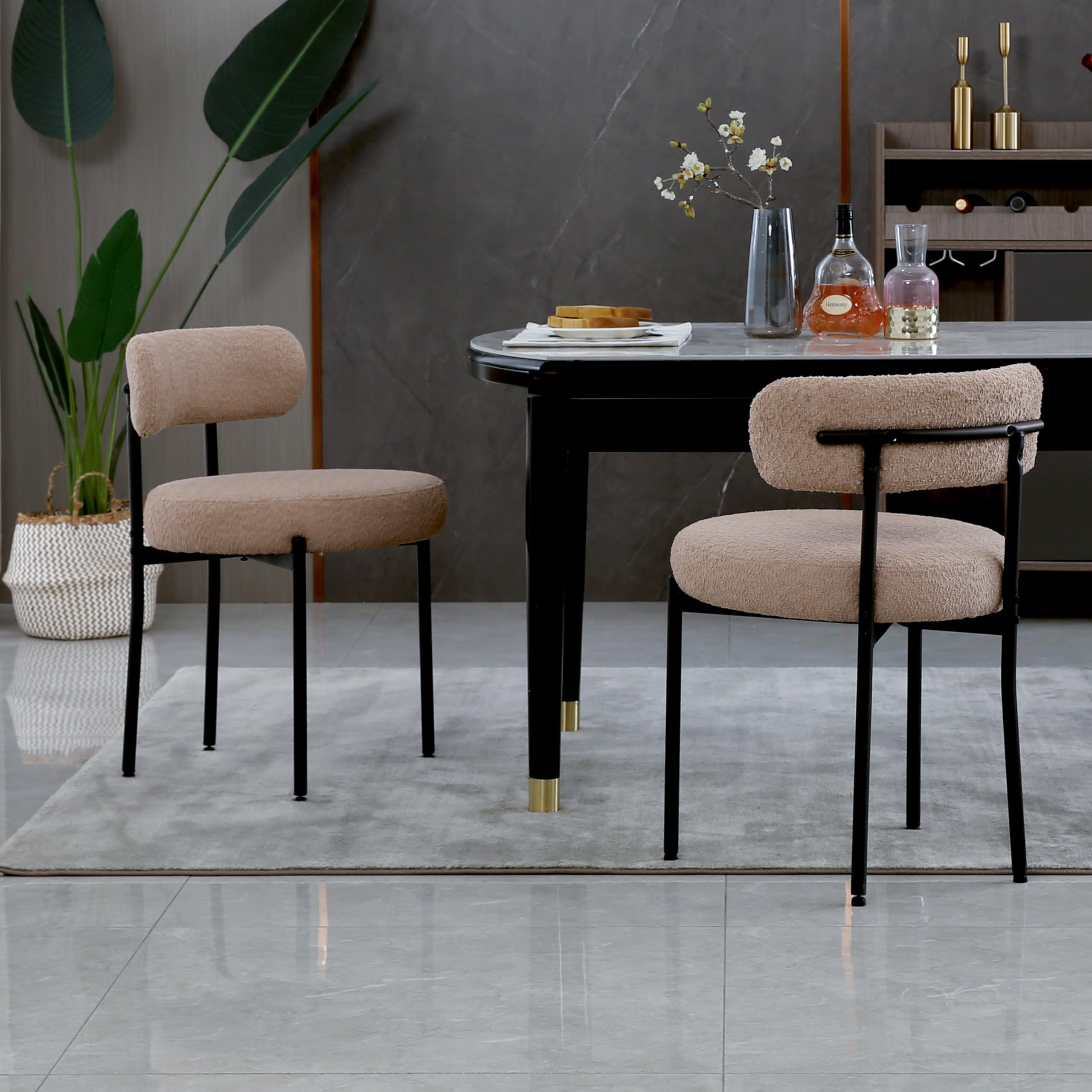 AISALL Dining Chairs Set of 2, Modern Upholstered Kitchen Chair with Thickened Seat (3.94 Inch) - Curved Backrest & Sturdy Metal Legs, Comfortable Boucle Chairs for Dining Room, Kitchen, Light Brown