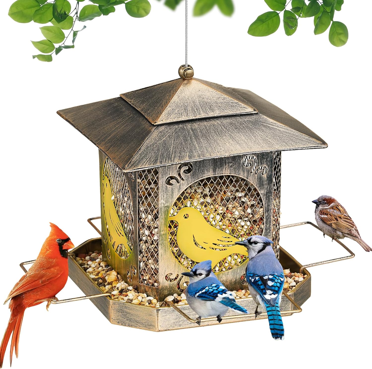 Bird Feeder for Outside, Square Metal Hanging Wild Bird Feeders with Secure Buckle, Weatherproof Rainproof Bird Feeder for Outdoor Garden Yard