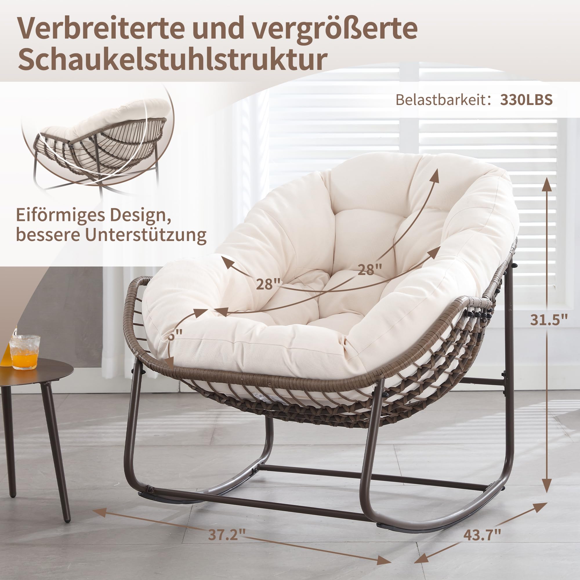 Outdoor Patio Schaukelstuhl-Set aus 2, Überdimensionierter Papasan-schaukelsessel für Innen mit Gepolstertem Kissen - Ei-Schaukelstuhl für Wohnzimmer, Veranda, Garten, Terrasse, Hinterhof
