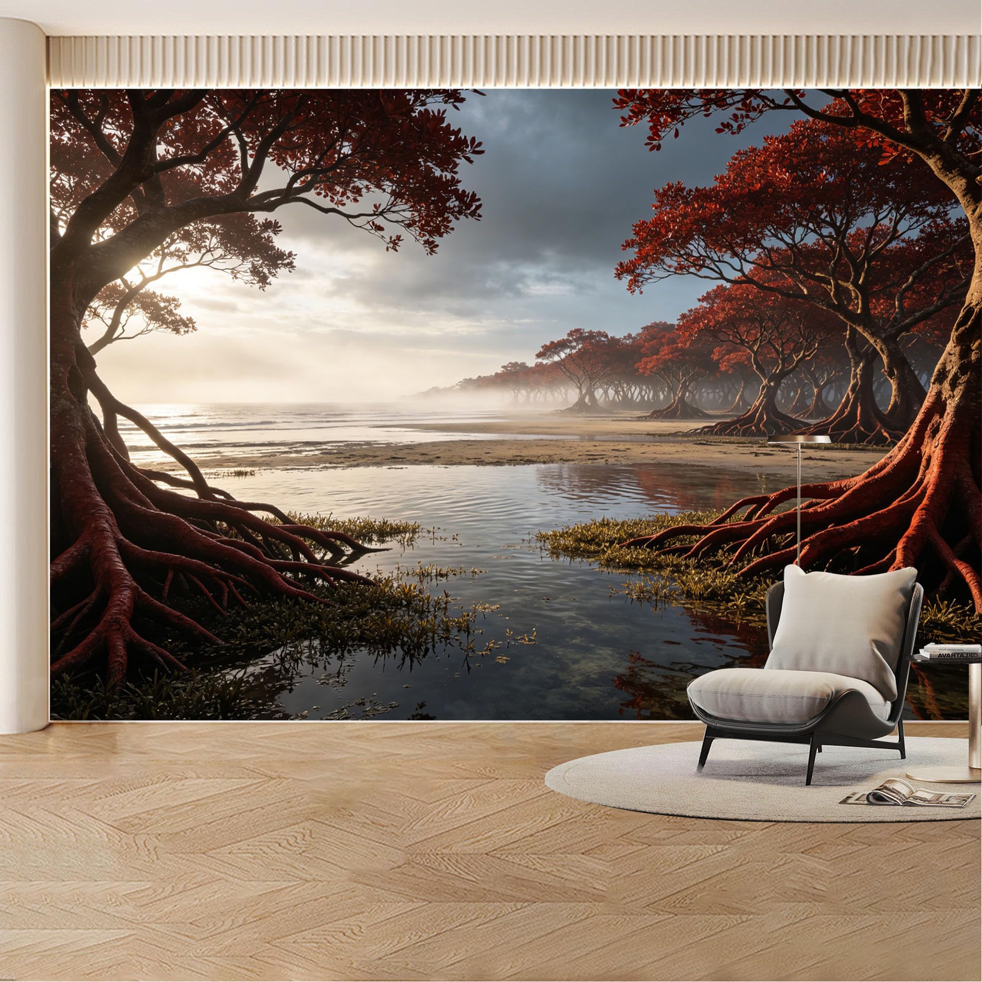 Custom Wall Mural Wallpaper Red Mangrove Forest Ocean Landscape 3D Effect Wall Decor Misty Tropical Luxury Removable SelfAdhesive Large Photo for Living Room， Bedroom， Office