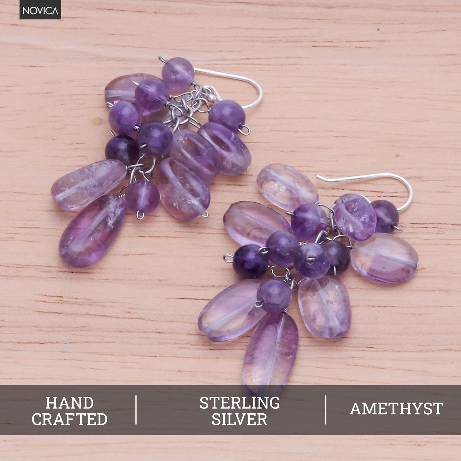 NOVICA Artisan Handcrafted .925 Sterling Silver Cluster Earrings | Handmade Jewelry | Amethyst Beaded Dangle Earrings | Artisan Jewelry