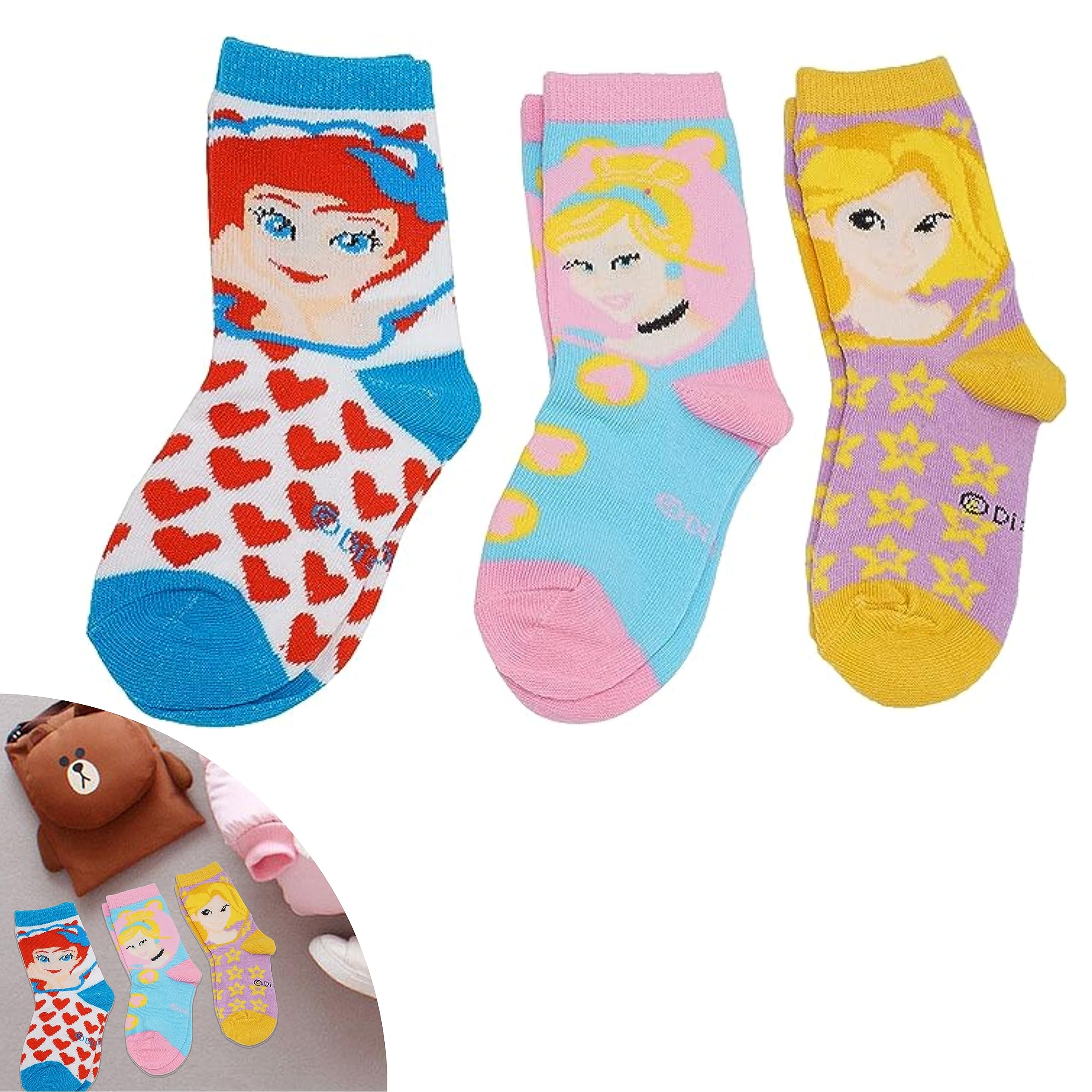 SRV Hub® Pack of 3 Girls Disney Princess Socks, Kids Socks and Toddlers Socks (UK 12-2 / EU 31-34)