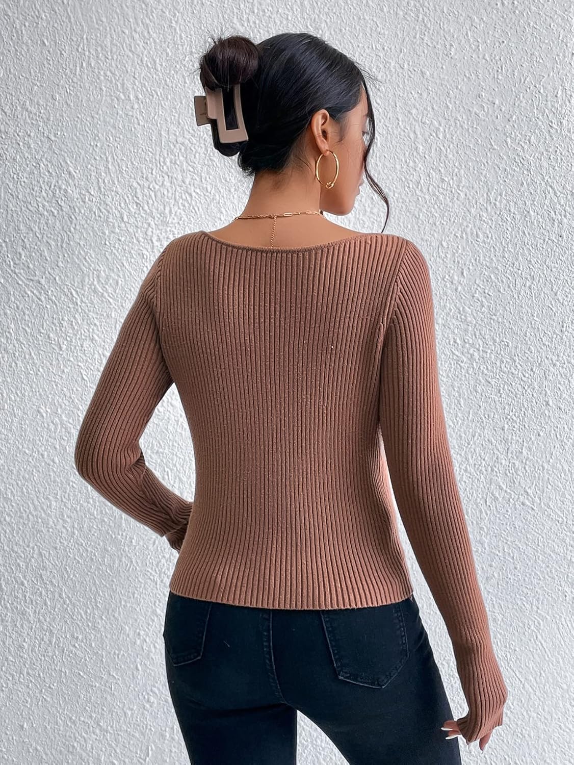 Women's Sweater Sweetheart Neck Ribbed Knit Sweater Sweater for Women (Color : Coffee Brown, Size : Large)