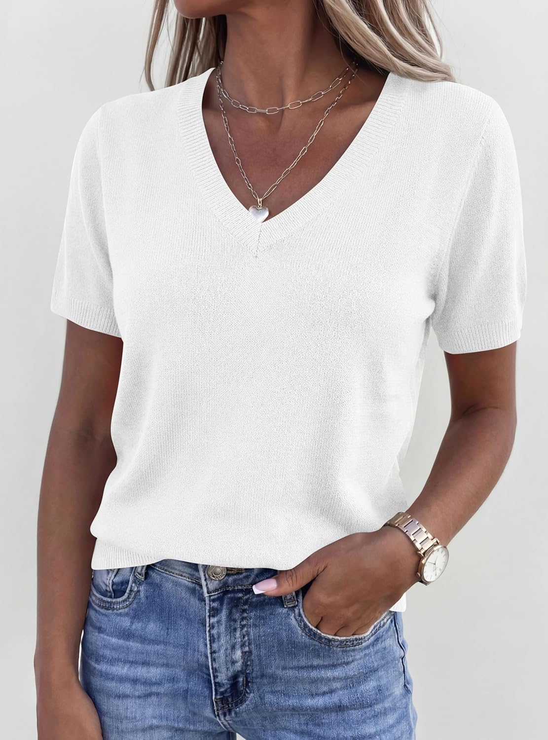 PRETTYGARDEN Womens Short Sleeve Sweater V Neck Trendy Pullover Tops 2026 Summer Spring Loose Lightweight Casual Blouse - Image 6