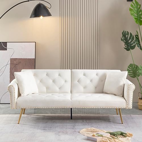 Anwick Moderno sofá cama futón 2 en 1, sofá cama plegable convertible con 2 almohadas, asiento reclinable copetudo de 73 pulgadas con patas cromadas