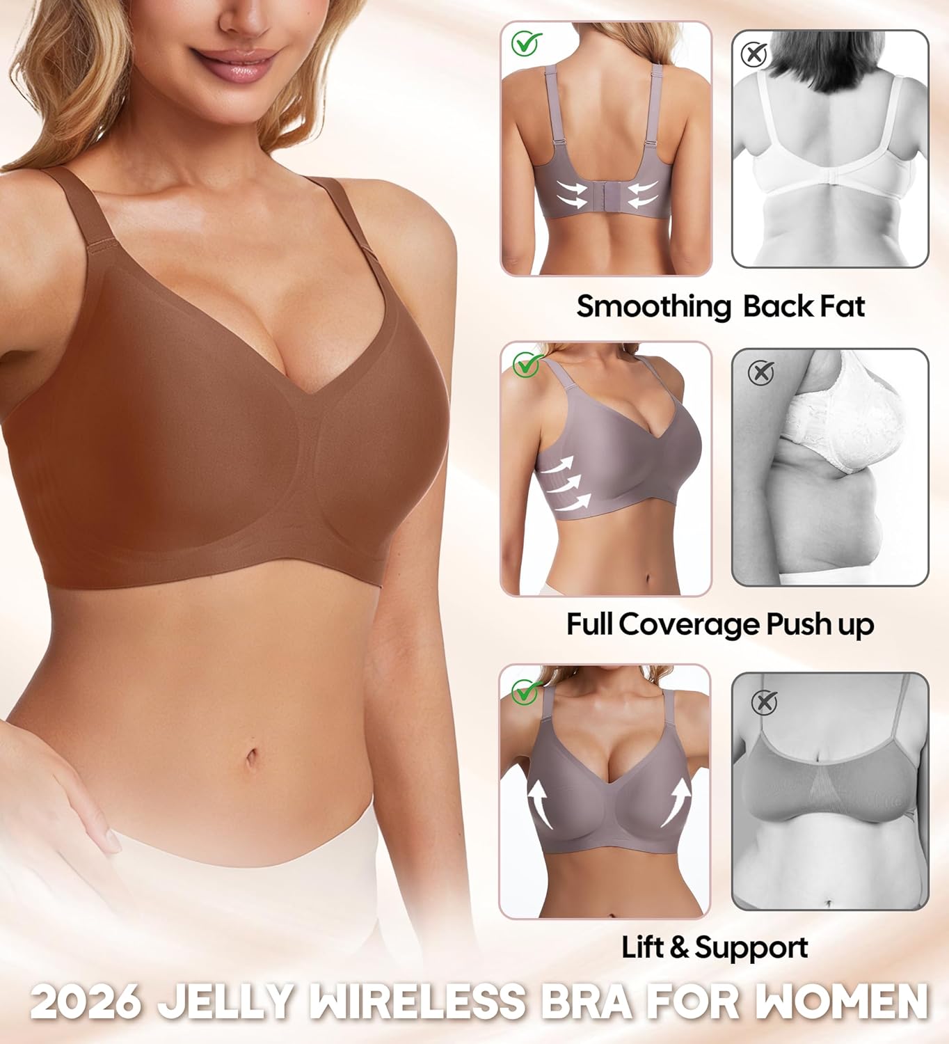 Jelly Wireless Bras for Women Push Up Deep V Seamless Comfort Plunge No Underwire Bra with Adjustable Straps Everyday Bras - Image 4