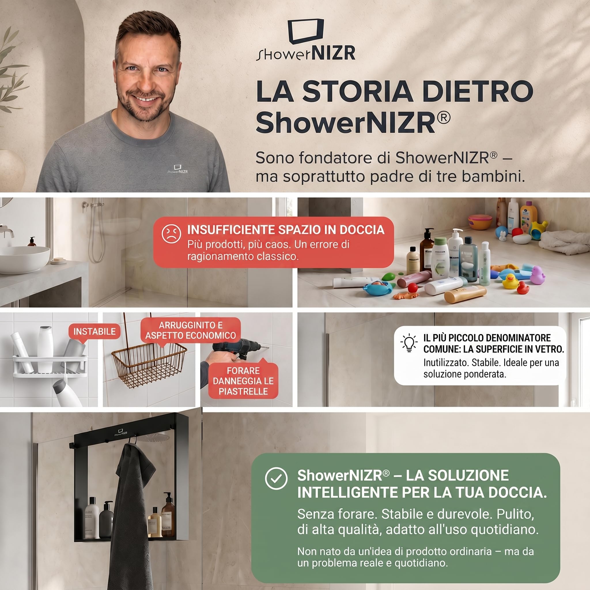 ShowerNIZR Mensola doccia Grey - Mensola doccia senza foratura da appendere alla parete in vetro in acciaio inox con 4 ganci porta shampoo per organizer doccia moderno e ordine nel box doccia