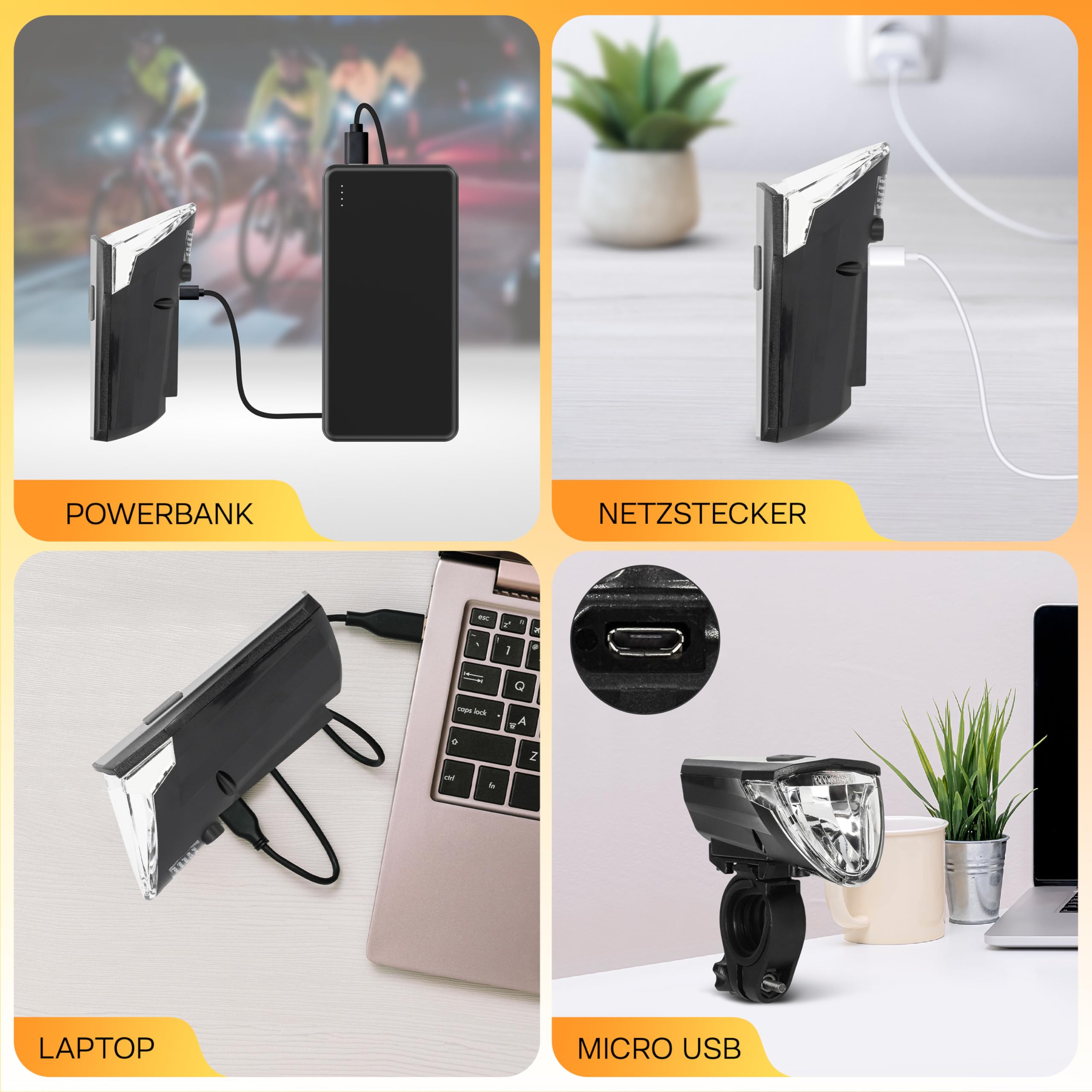 Edge Razor 60 Lux – Set di luci per bicicletta – Batteria per bicicletta con luce posteriore – Omologato StVZO, ricarica USB, funzione luce freno – Resistente agli spruzzi d'acqua IPX4 – Lampada da