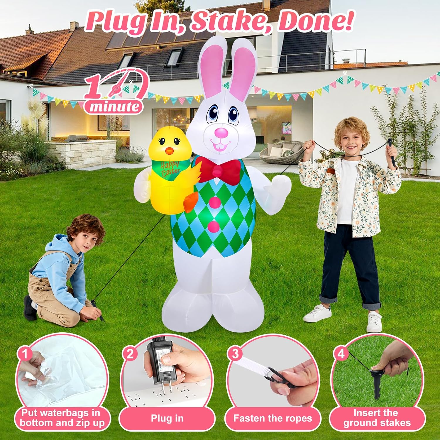 Danxilu 5 Foot Easter Inflatables Outdoor Decorations, Cute Blow Up Bunny Holding Chick for Outside, Built in LEDs Spring Holiday Inflatable Yard Decoration for Party Indoor Garden Lawn