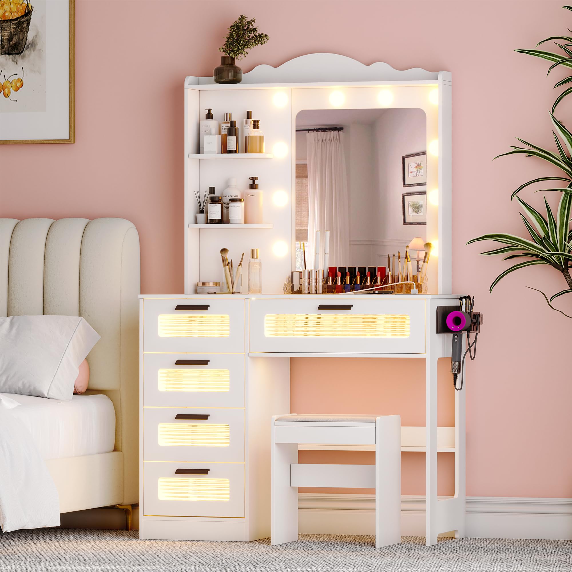 JDPAG LED Makeup Vanity Table Charging Station,Dressing Table with AC Outlets & USB & Type-C Ports,4 Drawers,Hair Dryer Rack,Make Up Vanity Desk with 3 Color Light Bulbs Mirror via Touch Screen White